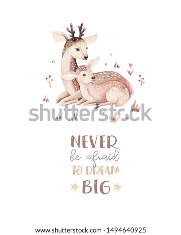 Watercolor little deer baby and mother watercolour bembi cartoon baby nursery. Forest funny young deer illustration. Fawn animal. Mom and baby