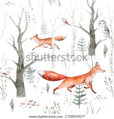 Watercolor Woodland animals seamless pattern. Fabric wallpaper background with Owl, hedgehog, fox and butterfly,  bird baby animal, Scandinavian Nursery