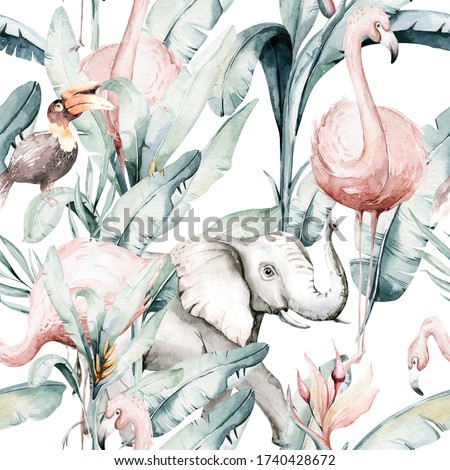 Tropical seamless pattern with flamingo. Watercolor tropic drawing, rose bird and greenery palm tree, tropic green texture, exotic flower.