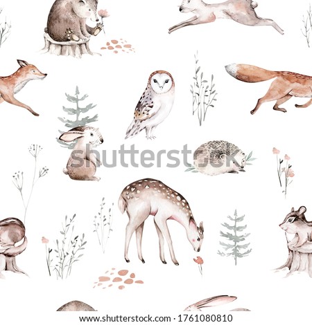 Watercolor Woodland animals seamless pattern. Fabric wallpaper background with Owl, hedgehog, fox and butterfly, Bunny rabbit set of forest squirrel and chipmunk, bear and bird baby animal Nursery