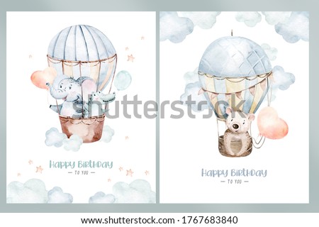 Cute dreaming cartoon rabbit animal hand drawn watercolor bunny illustration. kids nursery wear fashion design, baby shower invitation card.