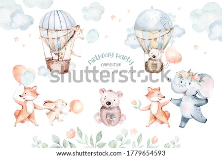 Cute baby birthday party nursery watercolor dancing fox, elephant and bunny, crocodile, giraffe nad bear rabbit animal isolated illustration baby shower. Tropical forest and jungle nursery posters.