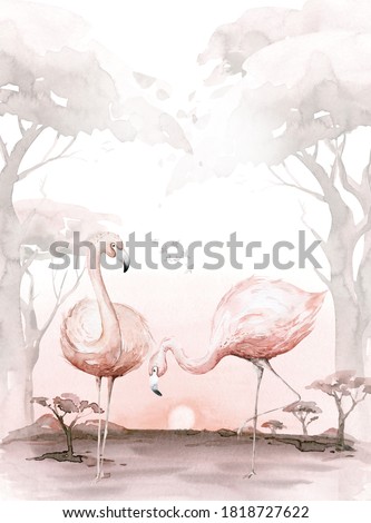 Hand drawn flamingo watercolor tropical birds set of flamingo. Exotic rose bird illustrations, jungle tree, brazil trendy art. Perfect for fabric design. Aloha collection.