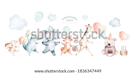 Cute baby birthday party nursery watercolor dancing fox, elephant and bunny, crocodile, giraffe rabbit animal isolated illustration for children baby shower. Tropical forest and jungle nursery poster