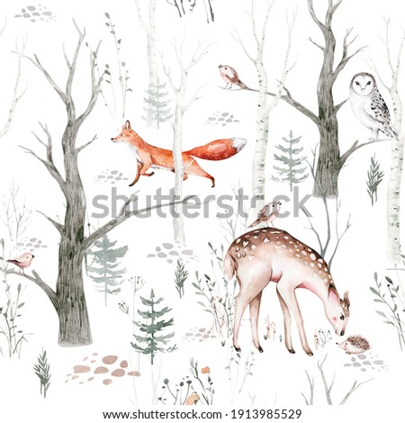 Watercolor Woodland animals seamless pattern. Fabric wallpaper background with Owl, hedgehog, fox and butterfly, Bunny  forest squirrel and chipmunk, bear and bird baby animal, Scandinavian Nursery
