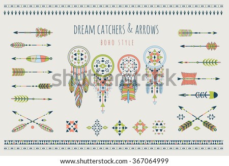 Set of arrows, dream catchers,  Navajo american isolated elements. Vector tribal  print. Aztec logos and badges,  indian illustration. 