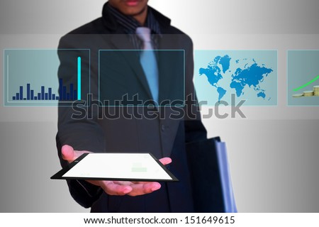 slide show tablet in hand businessman