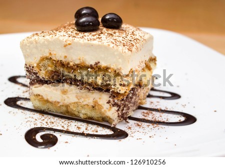 Tiramisu cake and chocolate swirl on white plate
