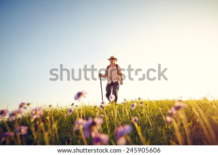 Man on summer meadow with flowers and sky