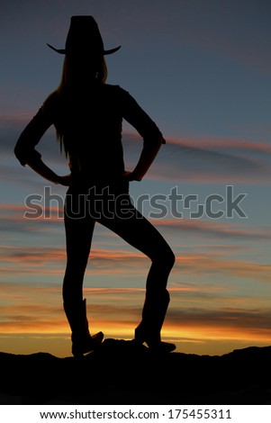 Silhouette of cowgirl overlooking valley at sunset