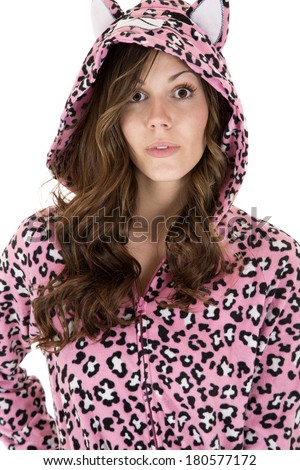 beautiful female model in leopard print pajamas