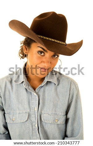tan girl wearing denim shirt cowboy hat