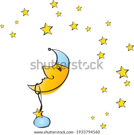 Mond mit hellblauer Mütze und Sternen. Schlafen in der Nacht. Einschlafen und durchschlafen für Kinder mit einem Schlaflied. Gute Nacht. vektor, isoliert Stock fotó © 