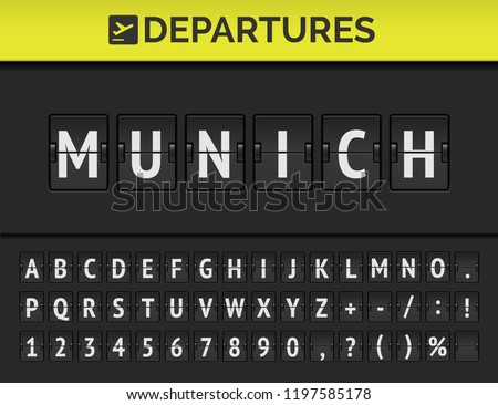 Analog airport flip board with flight info of departure destination in Europe: Munich with aircraft sign icon and full font. Vector