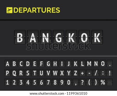 Mechanical airport flip board font with flight info of departure destination in Asia: Bangkok with aircraft icon. Vector