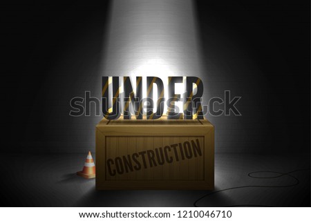 Vector illustration of web error 404: page not found in spotlights glow. Striped text standing on the wooden box in a bright beam of limelights on a brick wall grunge black background.