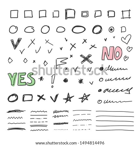 Bullet journal and diary elements set isolated on white background, check box and chek marks, different lines