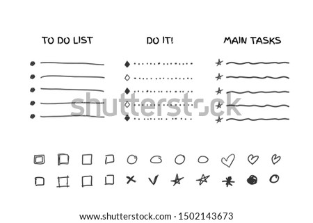 Check to do list, bullet, check mark and check box in a doodle sketch cartoon style collection isolated on white background