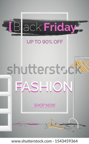 Black friday fashion sale banner vector template. Seasonal discount poster. Clothes shopping with price reduction. Up to 90 percent off. Stylish pink text. Hanger on rack realistic illustration