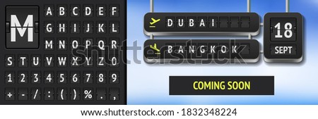 Analog scoreboard font on dark background. Vector airline departure board with destination in Dubai and Bangkok. Realistic flip airport and train board template