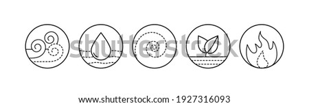 Five elements of Ayurveda vector outline illustration. Circle icon of either water wind eath and fire symbols