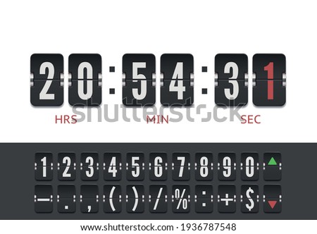 Retro design score board clock template. Scoreboard number font with shadows isolated on transparent background. Vector modern ui design of old time meter with numbers.