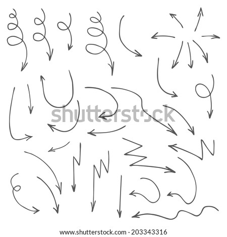 Doodle arrows thin lines set. Vector hand drawn arrow elements isolated on white. 