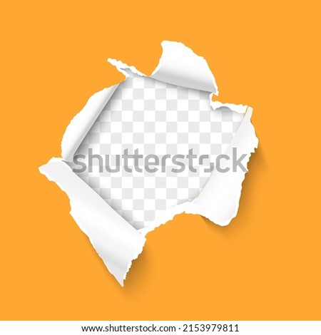 Torn paper. Ragged hole torn in ripped orange paper sheet on transparent background. Realistic vector illustration