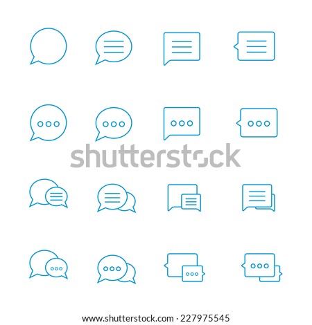 Outline Speech bubble icon set on white. Vector thin Chat lines. Blue outline talk pictogram. Line chat icons for flat design. Talk baloon icons isolated. Chat speech bubble icons. Talk types chat.