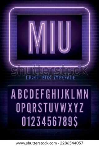 Night box light extra glow font with numbers. Miu sign with violet narrow neon alphabet on dark brick wall background. Vector illustration