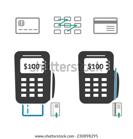 Flat POS terminal, credit card and keypad. Vector illustration.