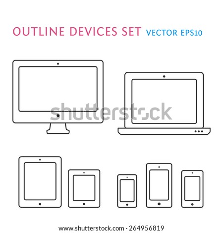 Smartphone, desktop computer, laptop and tablet PC icons. Vector linear illustrations with no fill