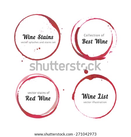Vector set of isolated red wine stain circles. Wine stain logo design. Wine bottom glass ring stains for badge design. Watercolor hand drawn glass marks of wine  stain on white background
