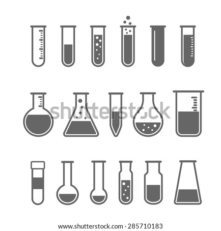 Chemical test tube pictogram icons set. Chemical lab equipment isolated on white. Experiment flasks for science experiment. 