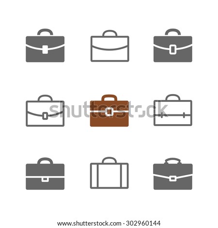 Vector set of Briefcase icons. Black Briefcase, suitcase and school case pictograms isolated on white. Solid and outlines.