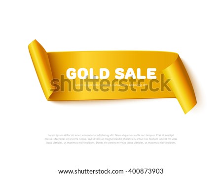 Gold curved paper ribbon banner with paper rolls and inscription GOLD SALE isolated on white background. Realistic vector gold yellow paper ribbon for web banner or print poster 