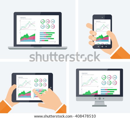 Statistics. Flat vector infographic with graphs and charts elements on devices screens. Finance statistics report, business statistics, mobile app ui kit, modern technology. Analytics process concept