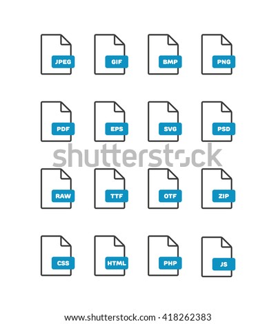 Linear thin vector file format, document outline icon set. File format icons with inscriptions. File format label icons for web and mobile application. Outline file types icons set. Part 1