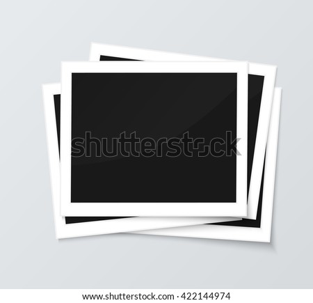 Stack of blank horizontal photo frames from instant camera with shadow isolated on gray background images. Realistic vector illustration of photo frame with space for images and photos. Photo frame