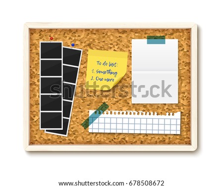 Items pinned to corkboard with wood frame. Vector illustration. Photos, sticky note, torn notebook paper, to do list