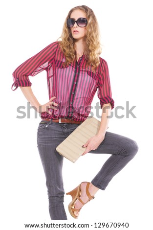 Full body young woman in sunglasses with purse on white background