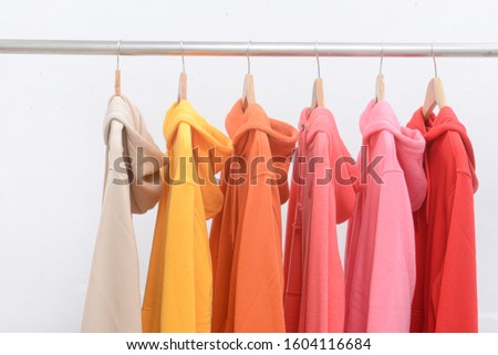 Six colorful different hoodie sweatshirt on hange r
 Stock fotó © 