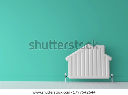 Heating radiator in the shape of a house. Home energy. 3D Rendering