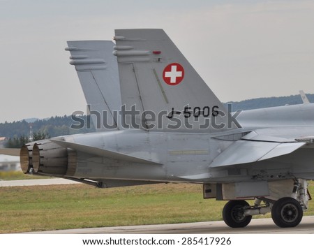 SLIAC, SLOVAK REPUBLIC - AUGUST 31 2012: F/A-18C (J-5006) Hornet Swiss Air Force on Taxiway before Take of during the SIAF 2012 airshow