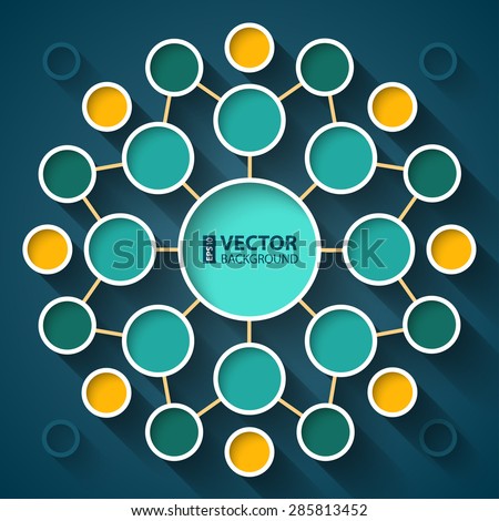 Abstract infographics symmetrical colorful circles mandala shape network scheme with shadows on dark blue background. RGB EPS10 vector illustration