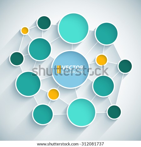 Infographics network flat design scheme with blue, green and yellow circles and white lines on light grey background. RGB EPS 10 vector illustration