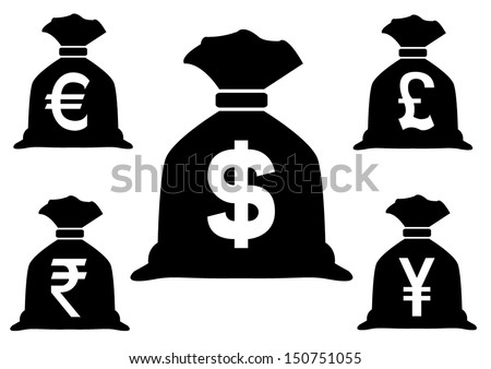 Set of Money Bags with currency symbols