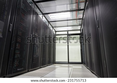 Modern interior of server room, Super Computer, Data center.