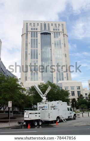 ORLANDO, FL - JUNE 1: A court TV production truck is parked in front of the Orange County Courthouse, covering the much-publicized trial of Casey Anthony in Orlando, FL, June 1, 2011.