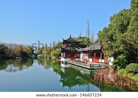 Hangzhou west lake side of the Chinese traditional buildings